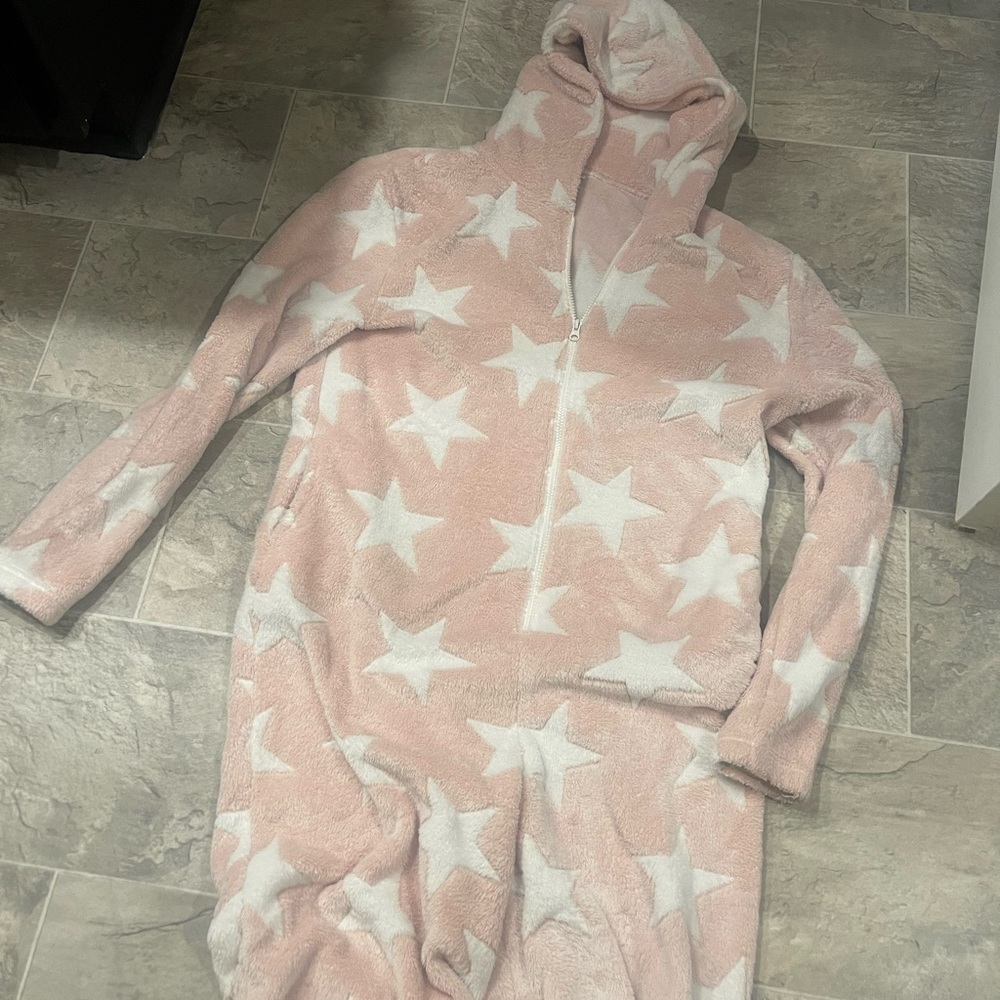 Pink hooded Sherpa onesie pajama